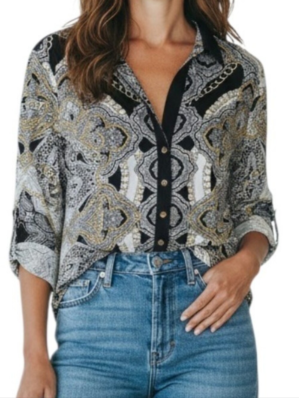Cache Stretch Button Down Black White Gold Blouse
